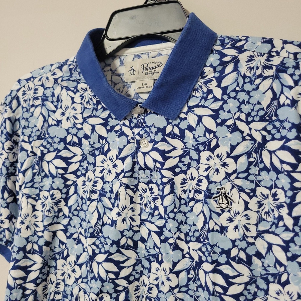 Original Penguin Polo Shirt Mens Large Blue Floral Cotton Short Sleeve Casual